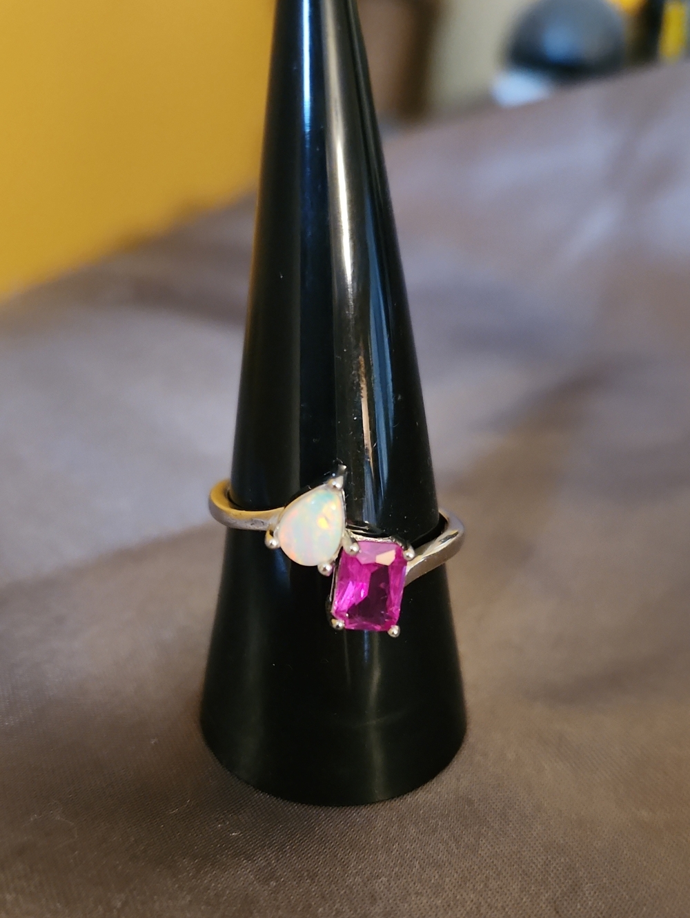 Sterling Silver Two-Stone Ring with Frosted White Opal and Rose Crystal
